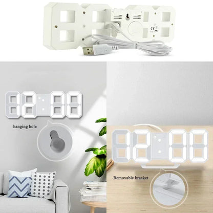 Reloj digital LED 3D color blanco con pantalla brillante para dormitorios u oficina.