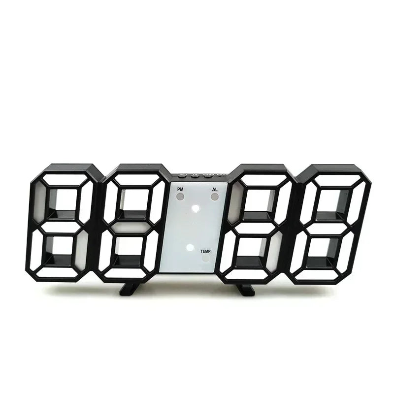 Reloj digital LED 3D en color blanco y negro con pantalla grande y luz ajustable.
