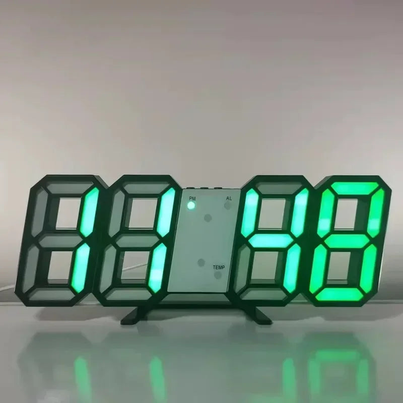 Reloj digital LED 3D color verde con números luminosos y diseño moderno.