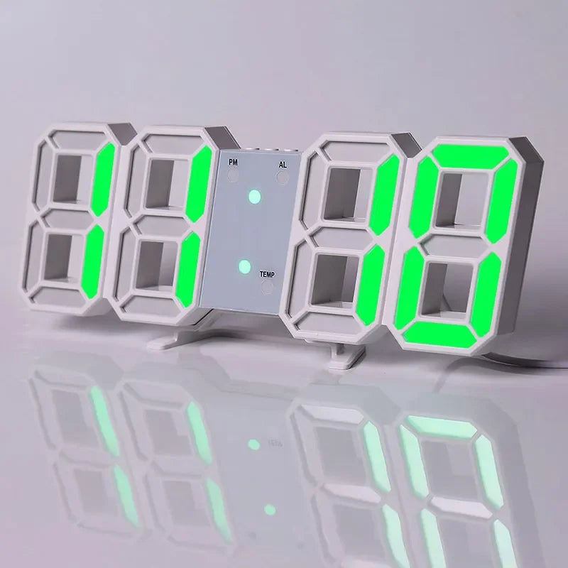 Reloj digital LED 3D color verde  con numero luminosos y diseño moderno.
