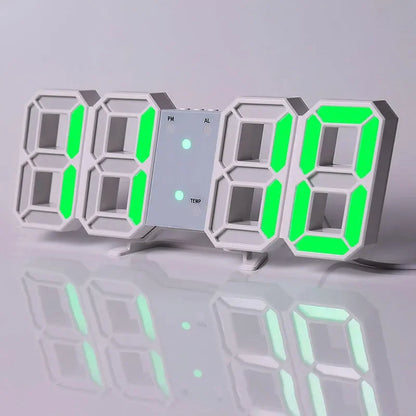 Reloj digital LED 3D color verde  con numero luminosos y diseño moderno.